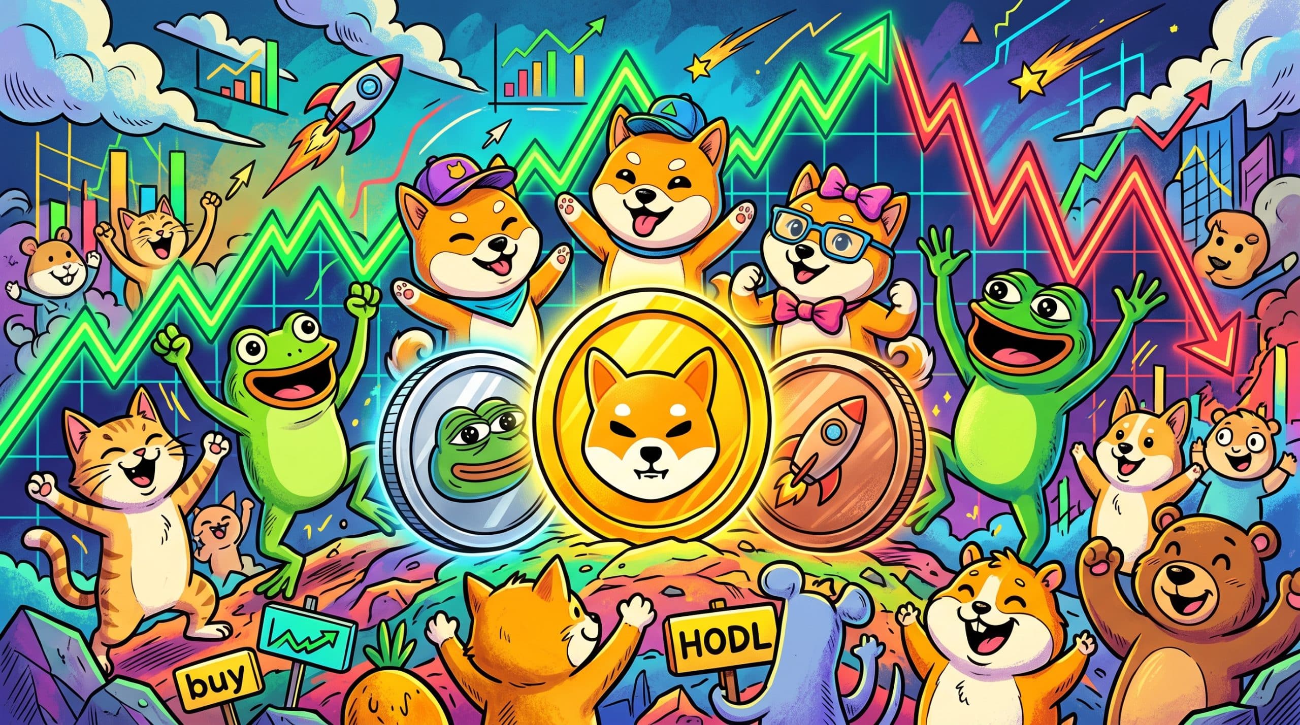 Cartoon meme mascots gathered around oversized cryptocurrency coins in front of a jagged, volatile price chart